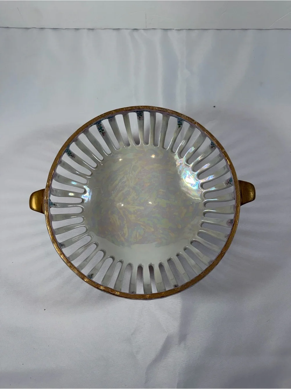 Vintage Reticulated Lattice Footed Fruit Bowl, Dresden-Style, Luster Glaze
